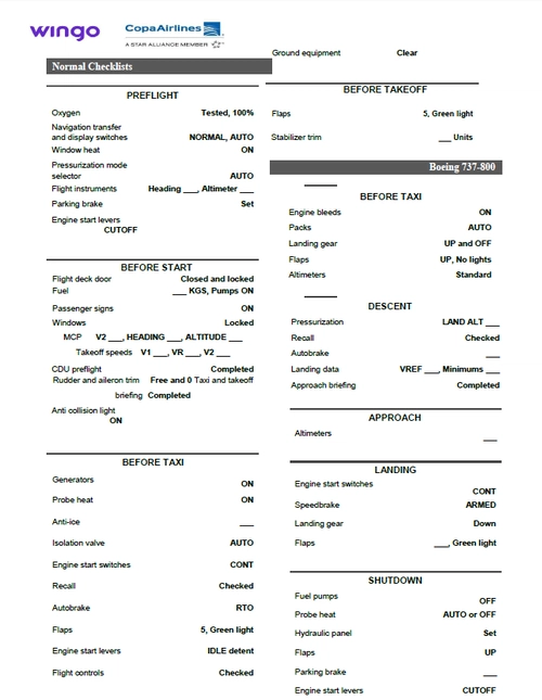Boeing 737-800 Wingo and Copa Airlines Checklist