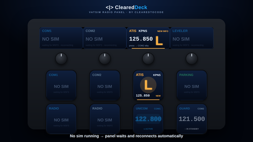 VDeck – VATSIM Radio Panel for Stream Deck (COM1/COM2 dials, live ATIS, Comm Leveler, Parking)