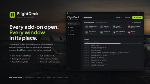FlightDeck — One-click launcher & window layout for your sim add-ons