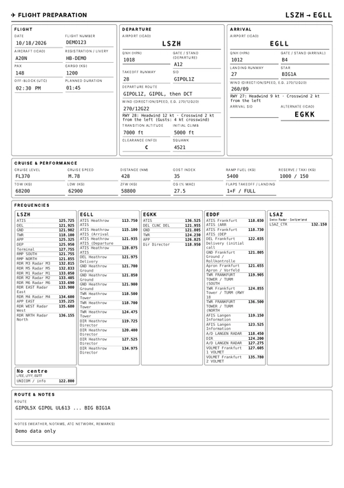Flight Preparation Sheet for any simulator (SimBrief import, METAR, VATSIM frequencies, printable)