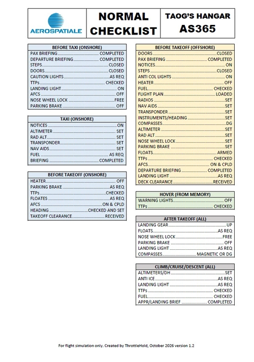 Taog's Hanger AS365N2 Checklist - onshore & offshore
