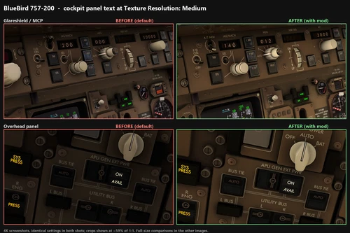 BlueBird 757-200 – Sharp cockpit panel text at Medium texture resolution (MSFS 2024)