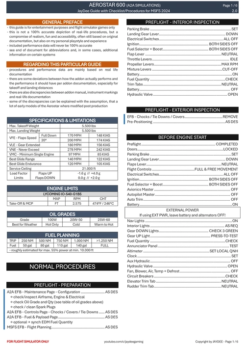 Aerostar 600 - Procedures and Checklist