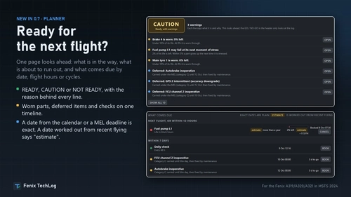 Fenix TechLog 0.7.0: plan the next flight and book maintenance