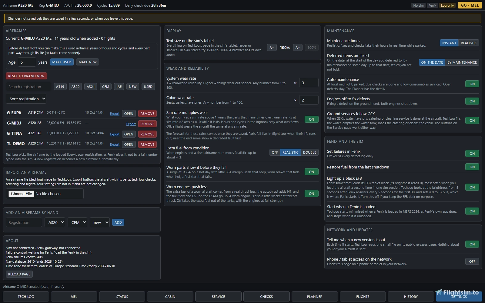 Fenix TechLog 0.8.0: auto maintenance, sharing airframes and a tidier Settings page image 2