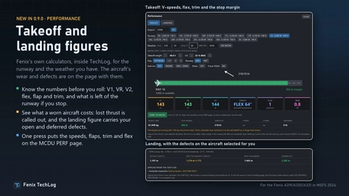 Fenix TechLog 0.9.0: takeoff and landing performance from Fenix's own calculators, Send to MCDU, and two fixes