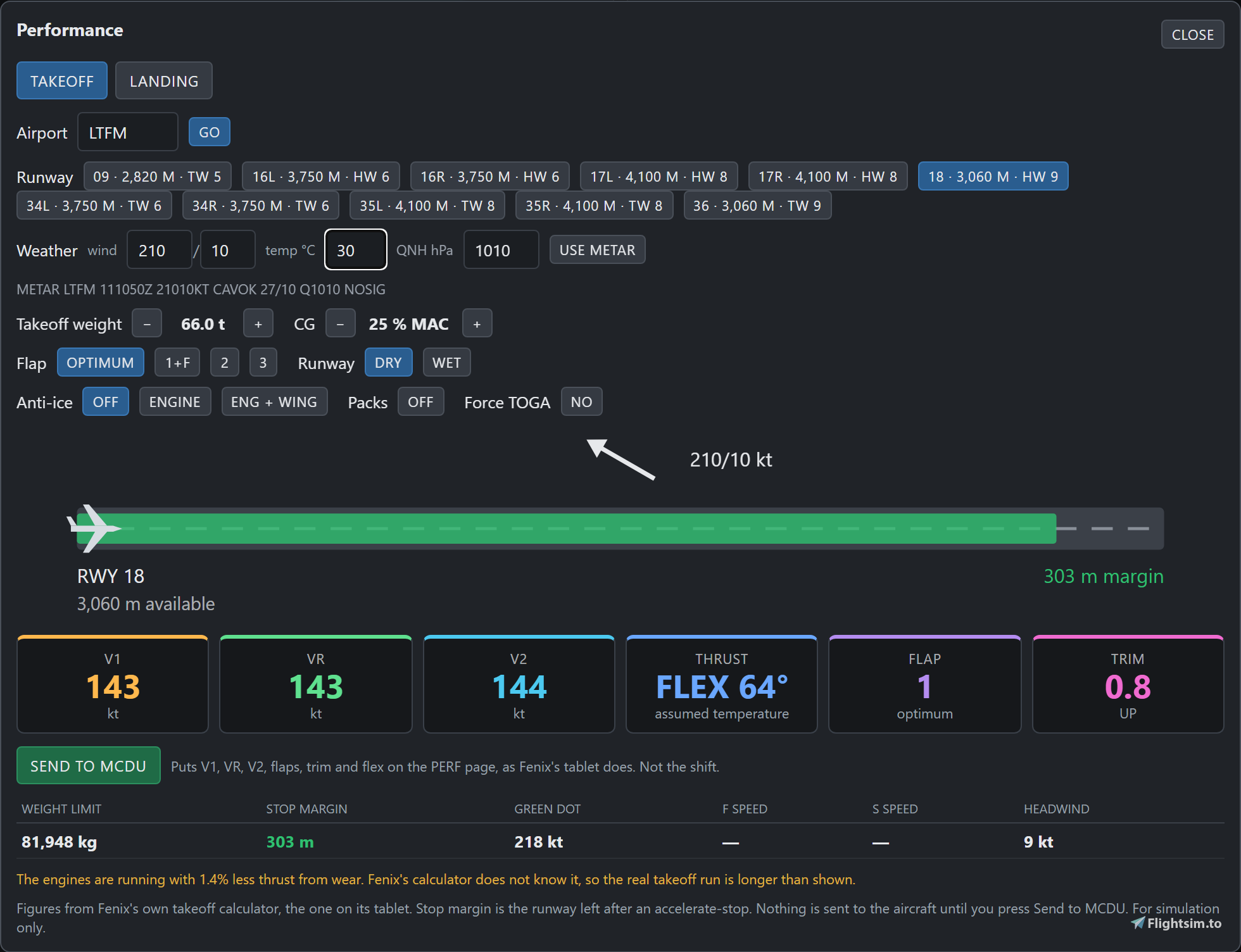Fenix TechLog 0.9.0: takeoff and landing performance from Fenix's own calculators, Send to MCDU, and two fixes image 3