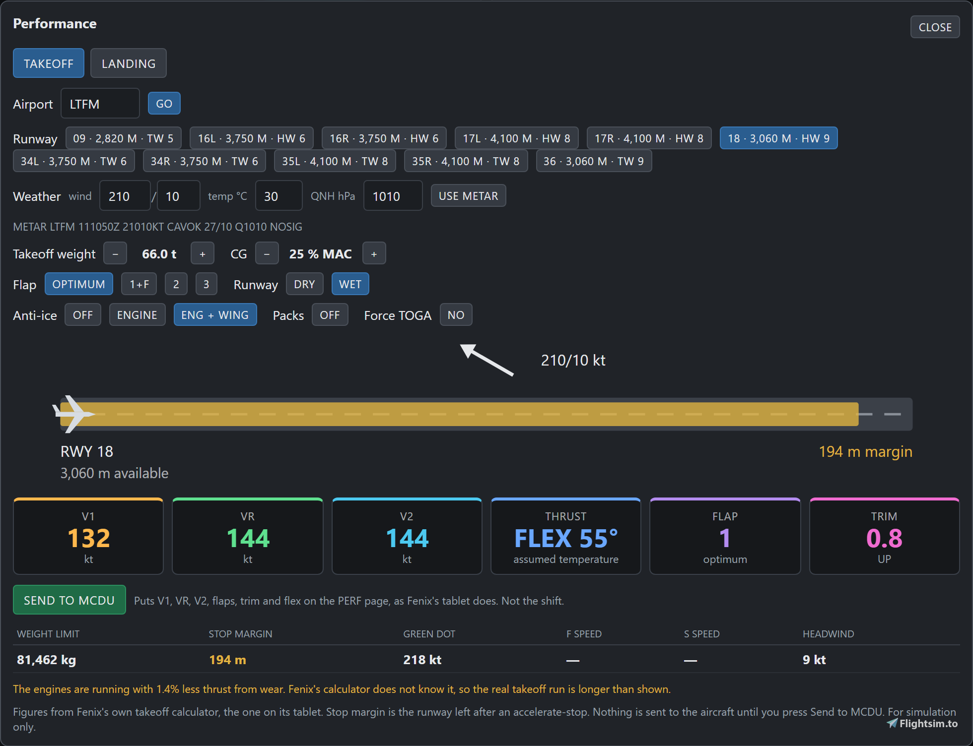 Fenix TechLog 0.9.0: takeoff and landing performance from Fenix's own calculators, Send to MCDU, and two fixes image 4