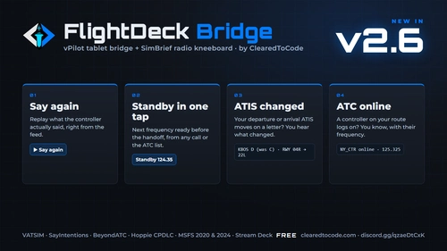 FlightDeck Bridge 2.6: say again, one-tap standby, ATIS and ATC alerts